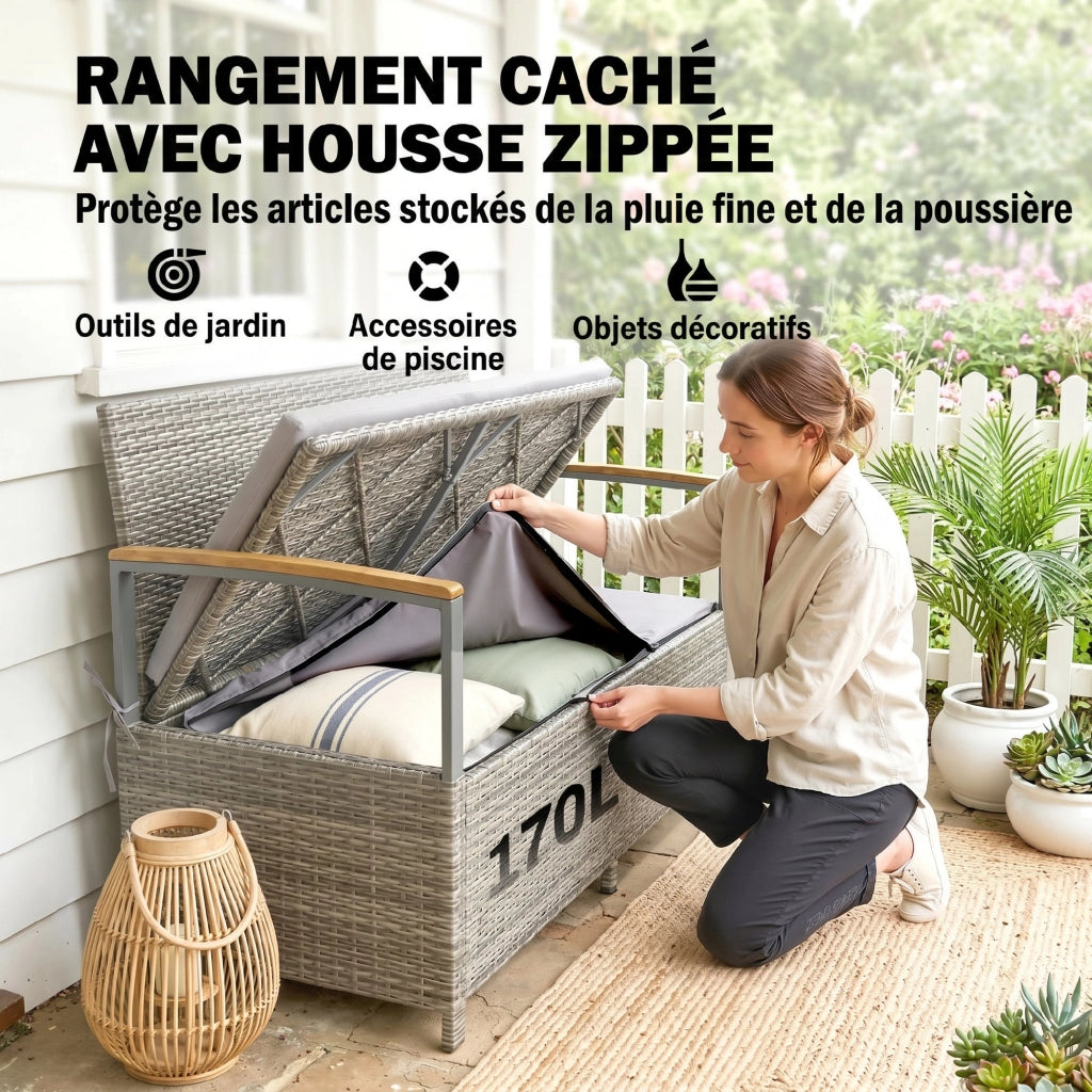 Panca da Giardino con Contenitore 170L 2 Posti ¨C Xylo ¨C Polyrattan Grigio 120x60x84cm