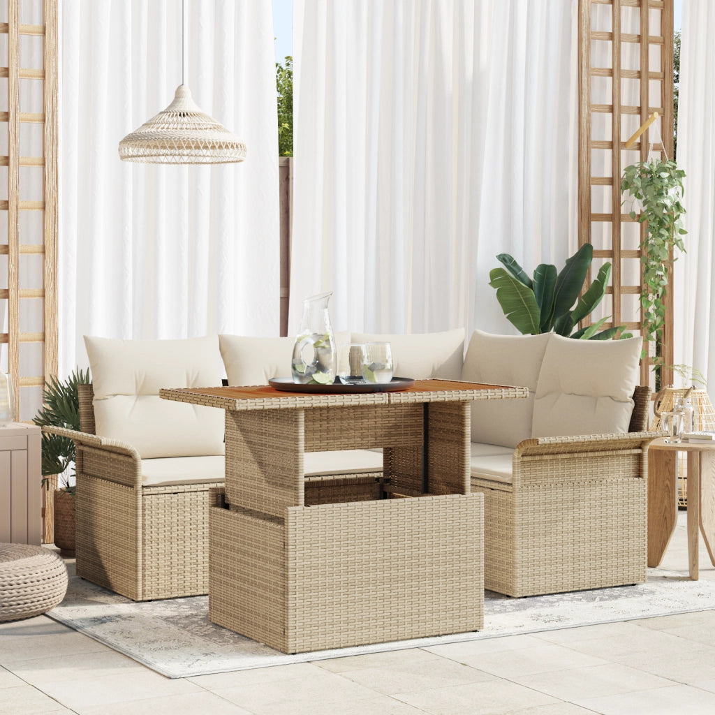 Set di Sofa da Giardino da 5 Pezzi con Cuscini Beige Polyrattan