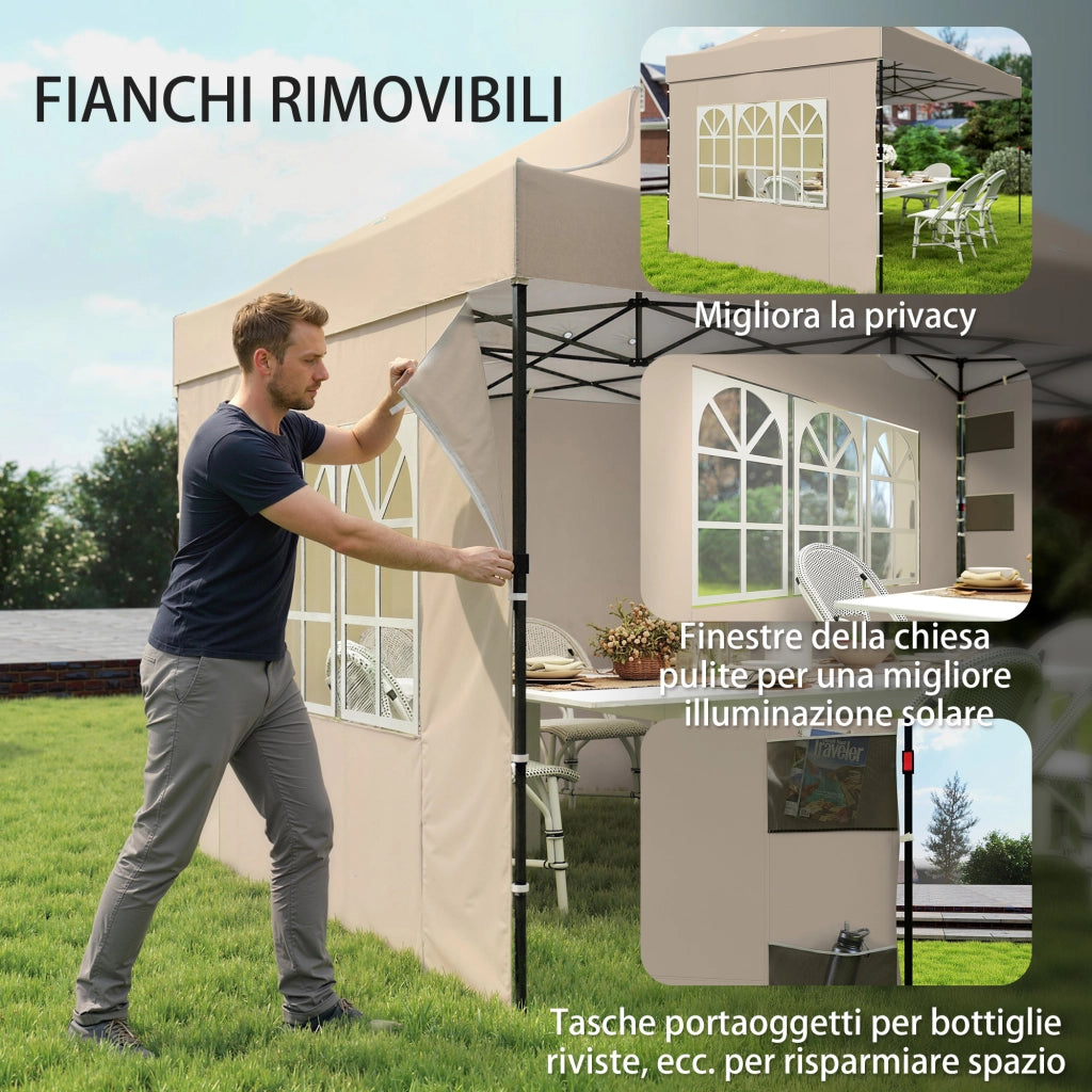 Gazebo Pop Up Pieghevole 430x290x315 cm con Pareti Laterali e Finestre in Metallo e Tessuto Oxford Marrone Sabbia