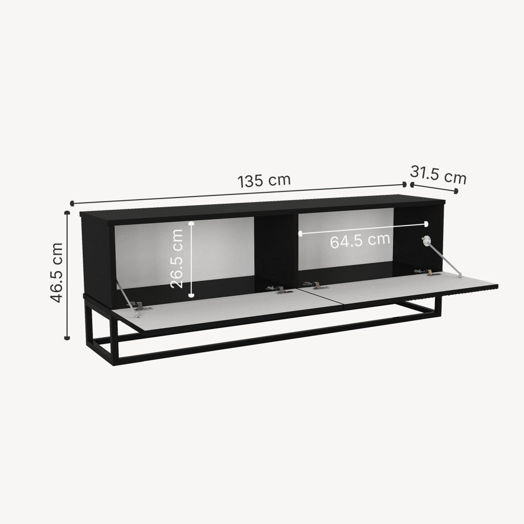 Mobile Porta TV Verpsboga a 2 Ante Decorative e Telaio Lungo in Metallo 135x32x47 cm - Nero [en.casa]