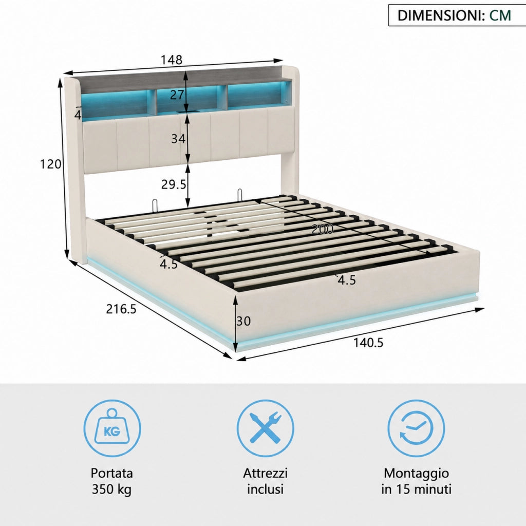 Letto matrimoniale contenitore idraulico 140x200 cm, rivestimento velluto beige, testiera con vani, LED RGB, porte USB‑A e USB‑C, capacità 350kg