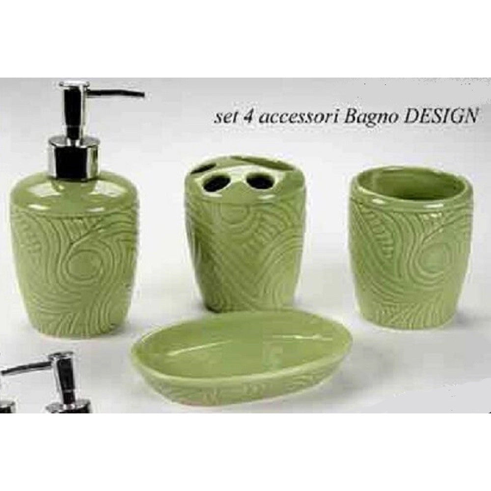 Trade Shop - Set 4pz Accessori Bagno In Ceramica Porta Sapone Spazzolino Decoro Design 616297 -