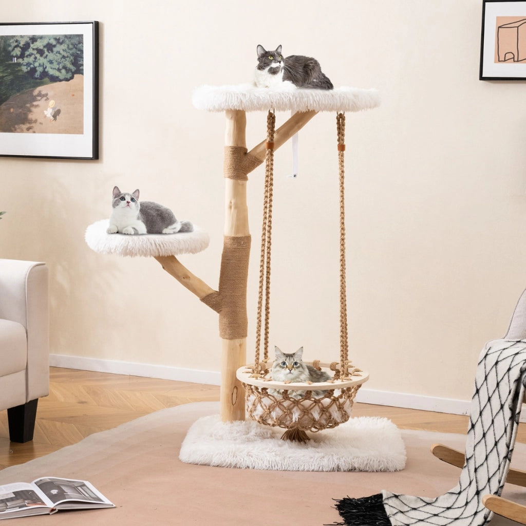 Grande torre per gattini con amaca altalena rami di legno reale di juta-Albero moderno per gatti centro di attivit¨¤ interno Naturale