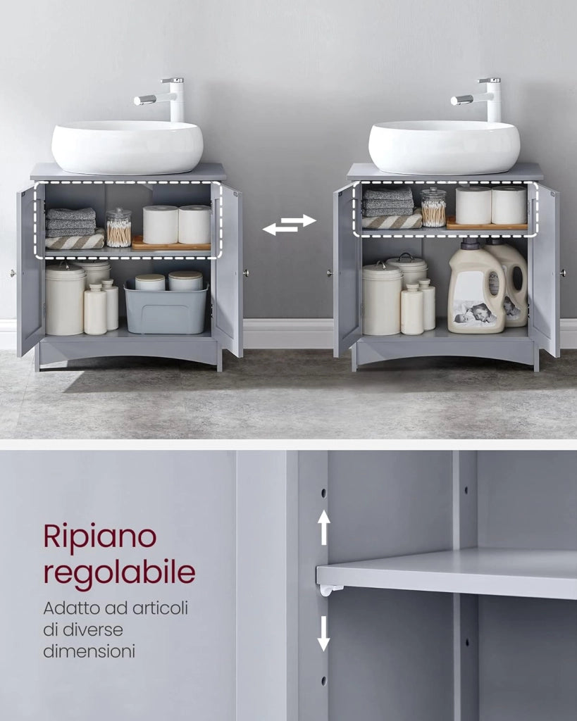 VASAGLE Mobile Sottolavabo per Bagno, Mobiletto da Bagno, Mobile Sottolavandino con 2 Ante, Ripiano Regolabile, Capiente, Stile Country, 30 x 60 x 60 cm, Grigio Mistico BBC001P36