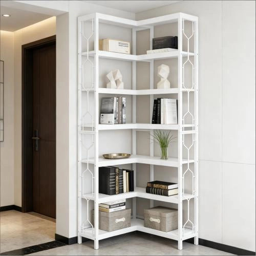 Libreria angolare autoportante in legno ingegnerizzato e metallo, design esagonale, colore bianco