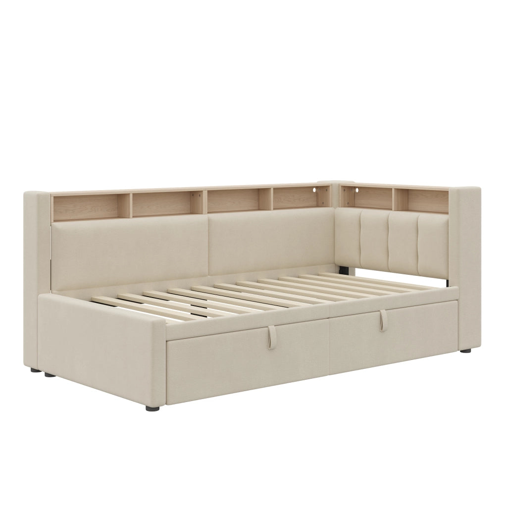 Letto singolo estraibile 90x200 cm in lino e MDF; beige; con LED e testiera contenitore