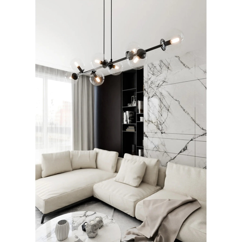 Lampadario Contemporaneo 8 Luci Durga In Acciaio Nero E Sfere Vetro Trasparente