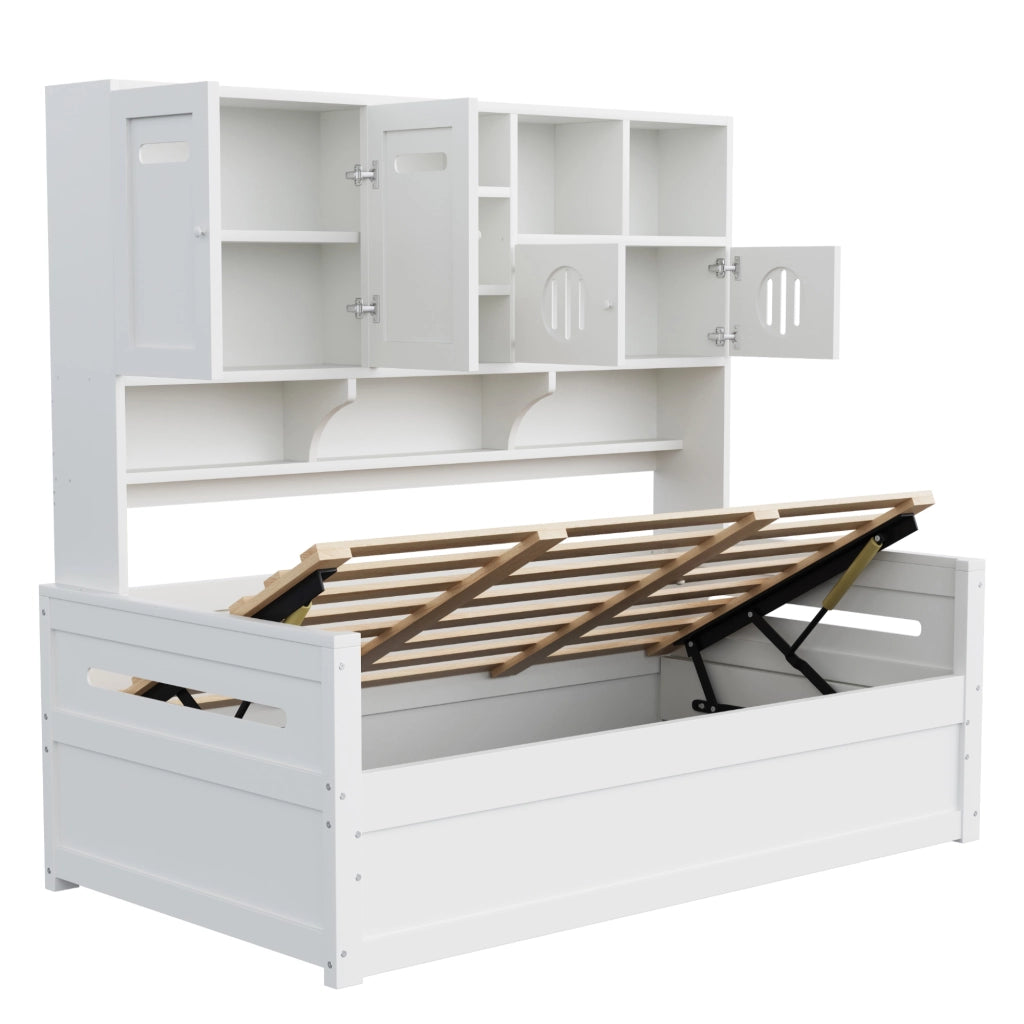 Letto a Divanetto Singolo 90 x 200 cm; Contenitore e Mensole - in Legno - Bianco