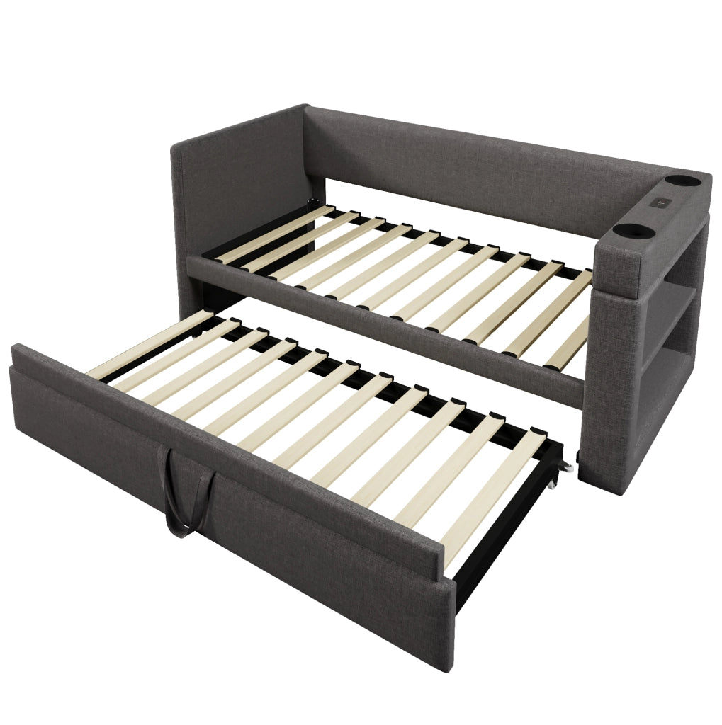 Divano letto 90x190 cm con letto estraibile e stazione di ricarica in cotone e lino grigio