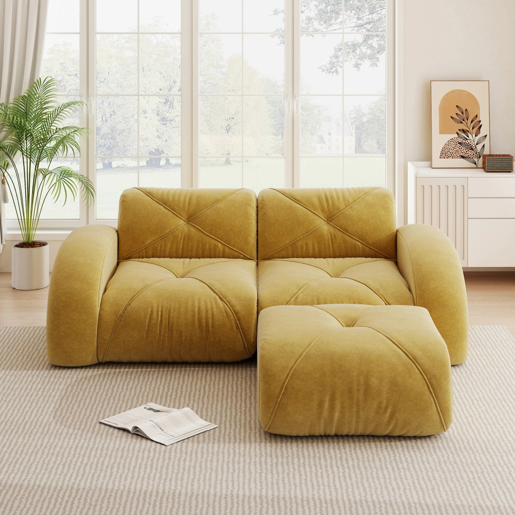 Divano modulare 2 posti con pouf in chenille e struttura in schiuma 32D senza telaio giallo