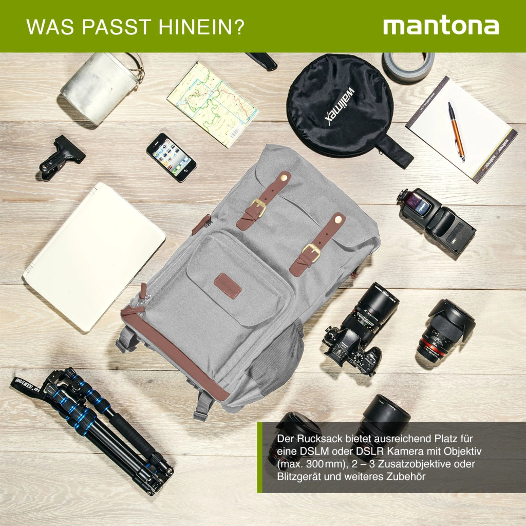 Mantona Luis Retro Zaino fotografico grigio, per fotocamera con copertura antipioggia, borsa fotografica con scomparto per laptop, DSLR, 3 obiettivi e accessori fotografici