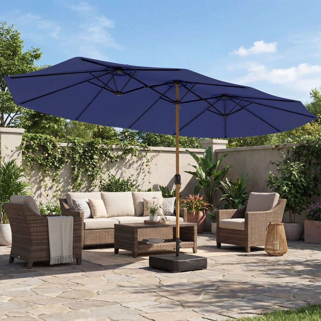 Ombrellone Doppio a 12 Stecche con Manovella, Base a Croce e Sacchi di Sabbia, 4.7x2.8 m, Blu Scuro
