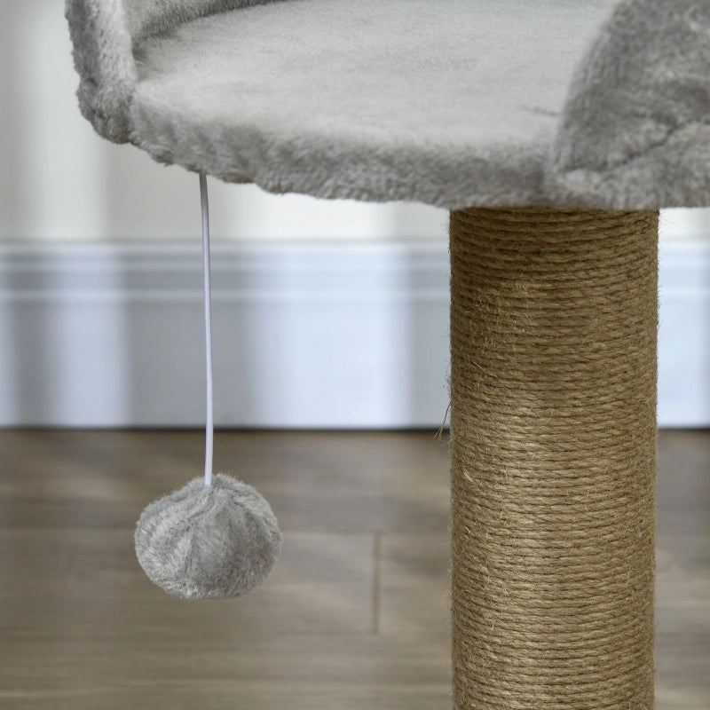 Tiragraffi per gatti con cuccia e pallina sospesa, 40x40x49 cm, in poliestere e juta grigio