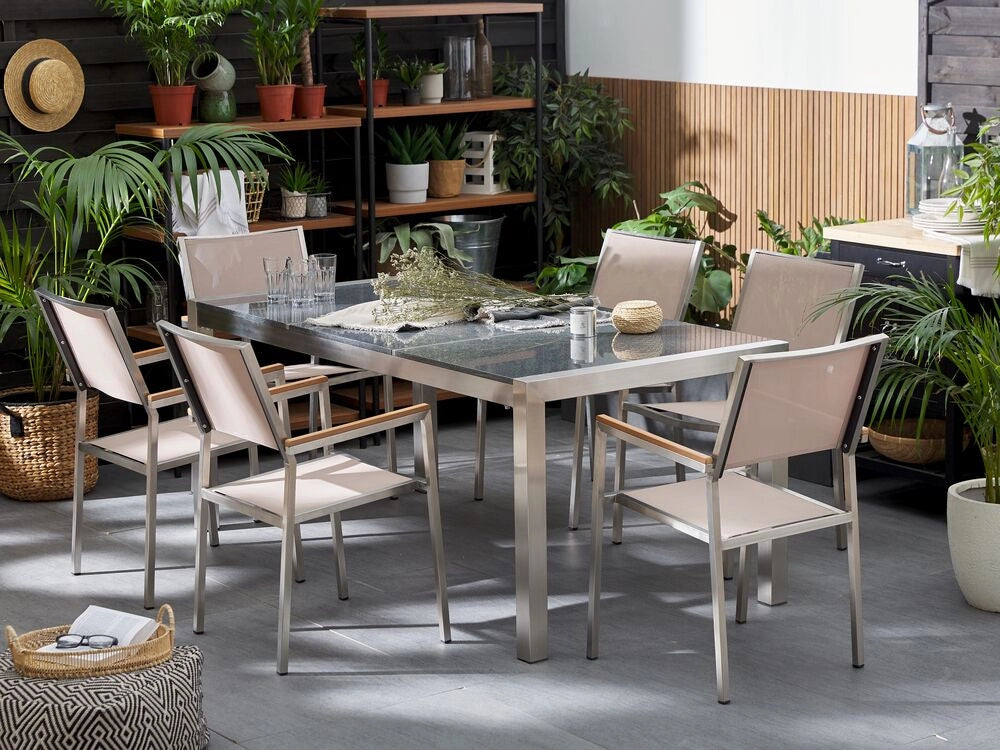 Set da Giardino Tavolo Piano Granito Grigio 6 Sedie Beige 180 x 90 cm