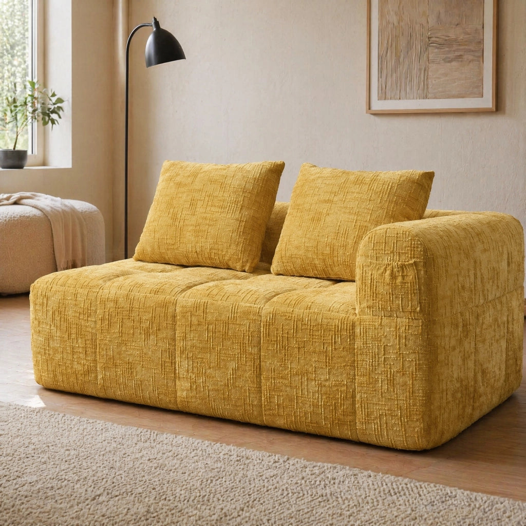 Divano chaise lounge a 2 posti in chenille giallo con tasche laterali e cuscino, 158×90×60 cm