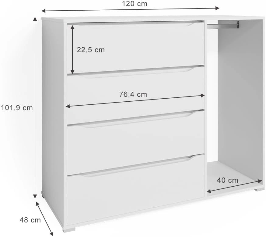 Cassettiera per camera da letto Ruben, Bianco, 48 x 101.9 cm, per riporre abiti e oggetti di uso quotidiano