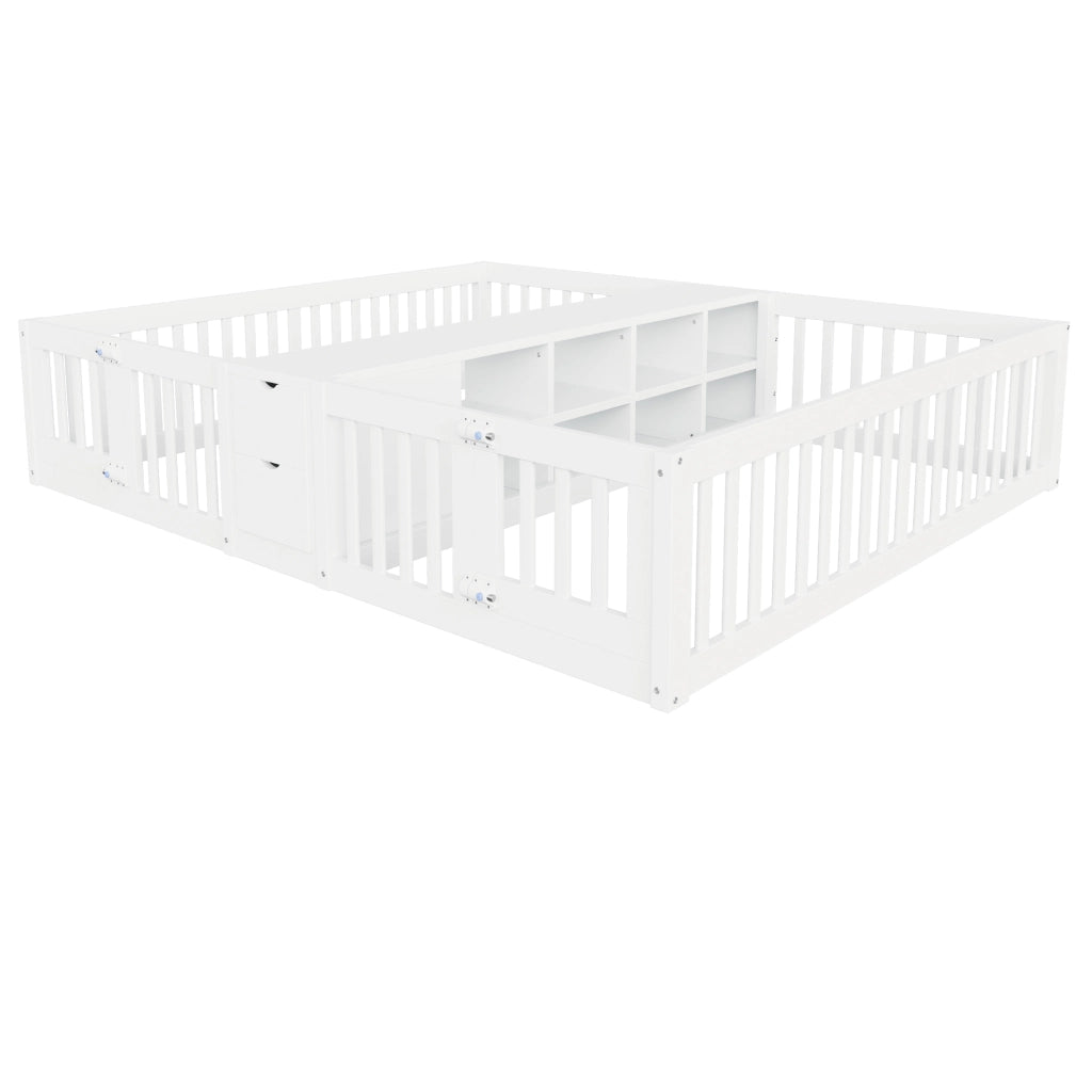Letto per bambini 90 × 200 cm con scaffale centrale e 2 cassetti, barriere alte, senza materasso, bianco
