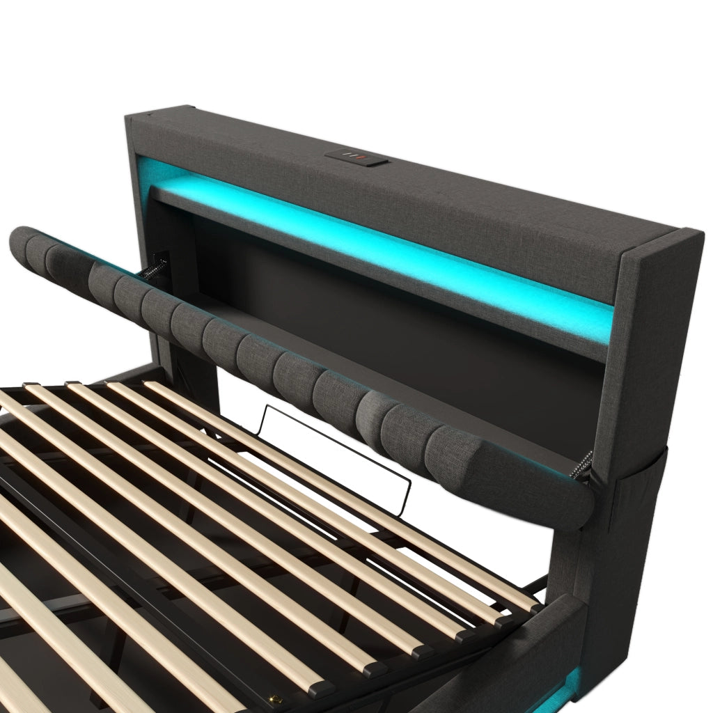 Letti contenitori 140x200 cm con LED e ricarica USB Type-C; lino grigio (Senza materasso)