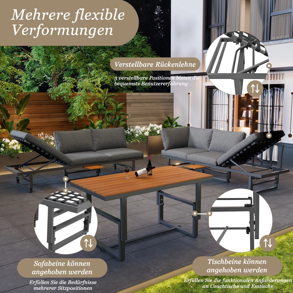 Set mobili giardino 3 pezzi: 2 Divanooi + tavolo; ferro verniciato; schienale regolabile; acacia; cuscini; grigio