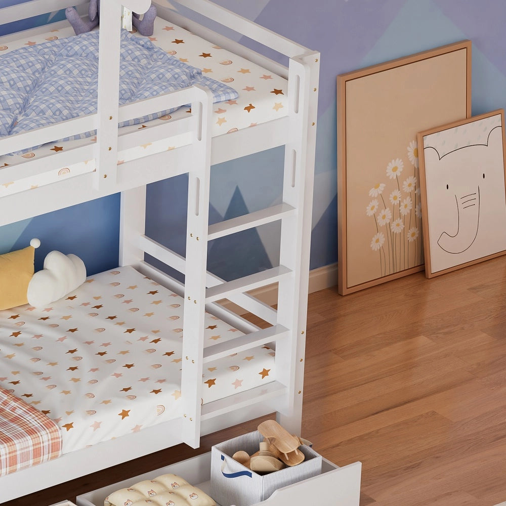 Letto a castello con cassetti - Xylo - 90x200 cm - Bianco - Scala rettangolare con 3 gradini e protezione