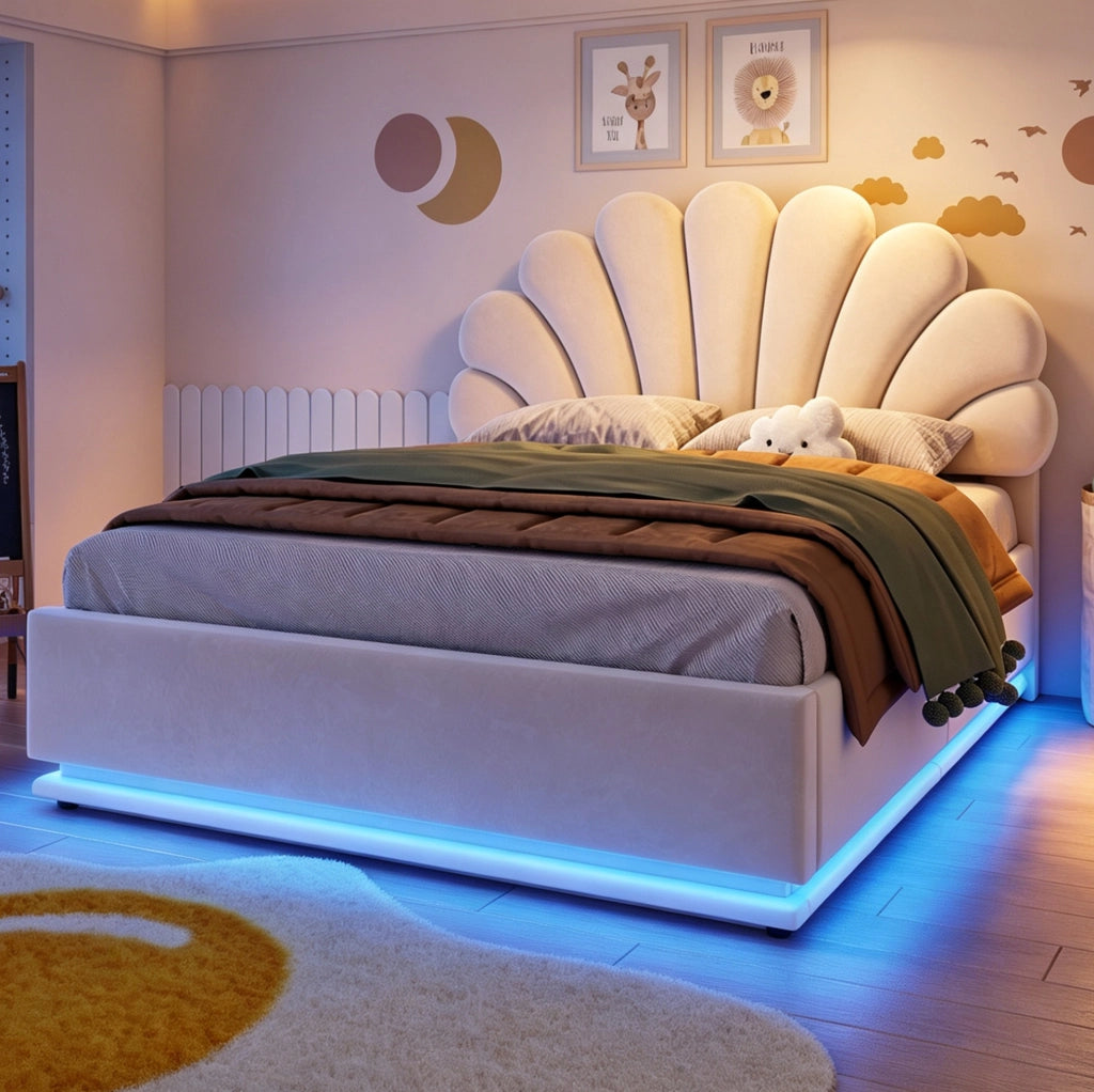 Letto imbottito 140x200 cm in velluto beige con LED e contenitore idraulico