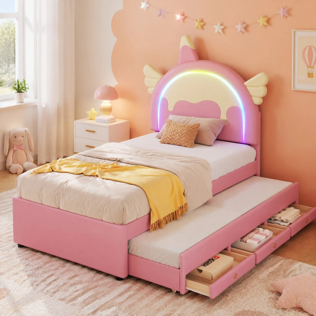 DESMIU Letto per Bambini 90 × 200 cm 1 Posto con Letto Estraibile, Cassetti e Design Unicorno, senza Materasso