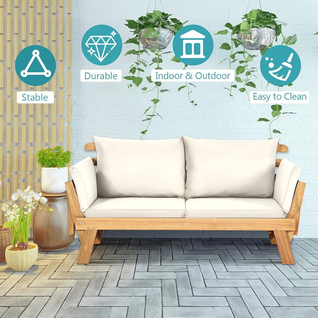 Divano Esterno da Giardino 2 Posti con Cuscino，Set da Giardino in Legno Certificato FSC，Sdraio da Giardino Pieghevole da 2 Persone,153/194 x 72 x 76 cm，Beige/Grigio