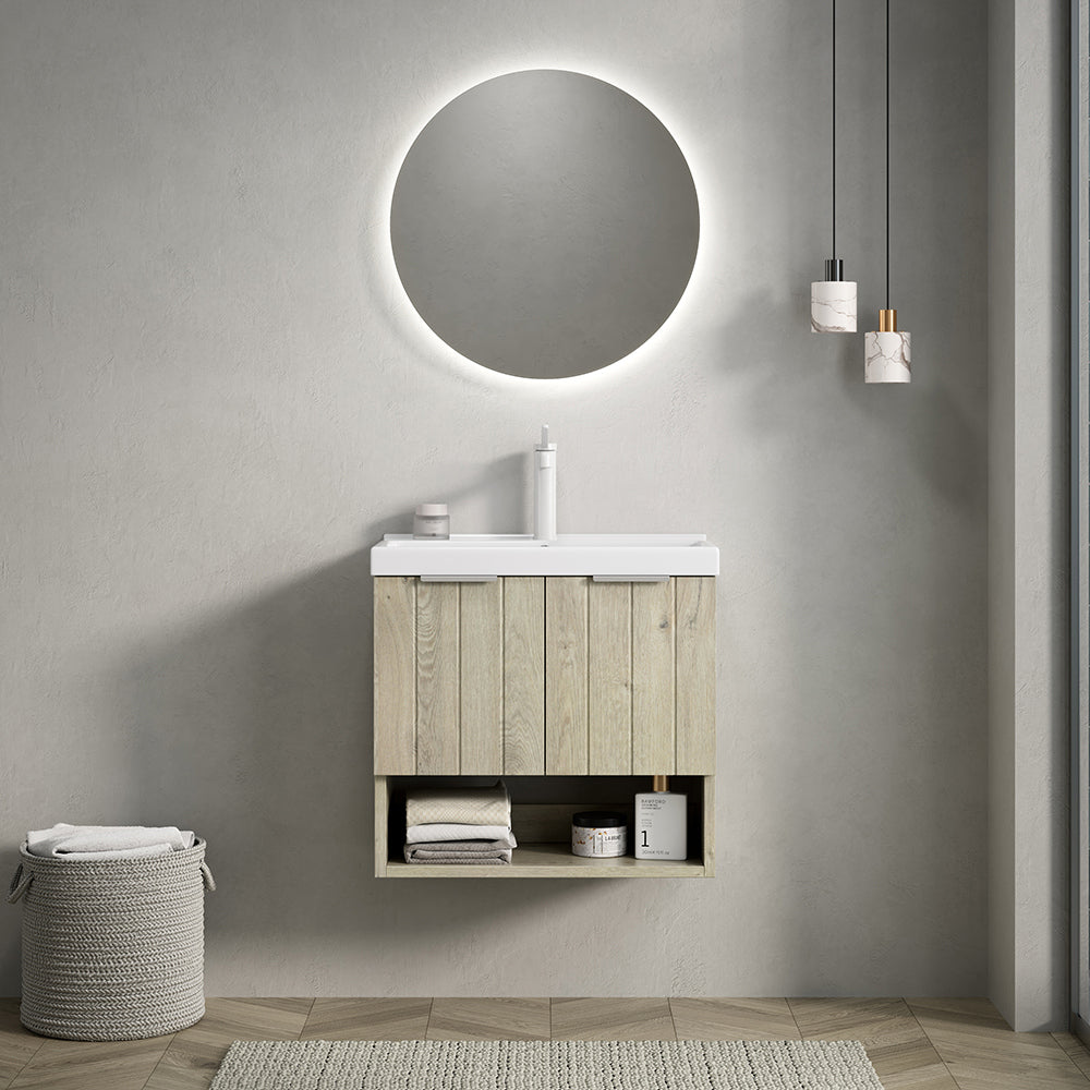 Mobile bagno con lavabo ceramica - Xylo - 55 cm - Frassino bianco rotto - Doppia porta e scaffale aperto