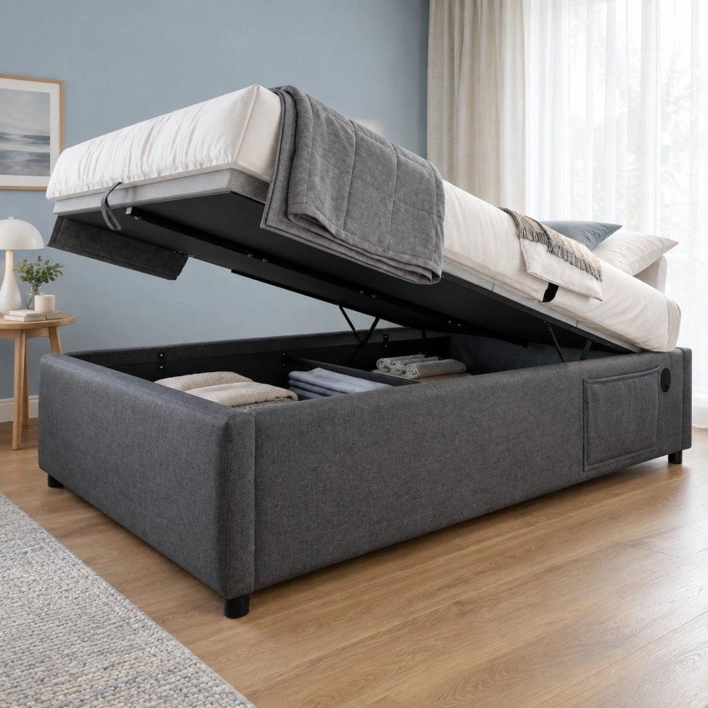 Letto singolo 90x200 cm con contenitore idraulico; USB e USB-C; in cotone e lino grigio
