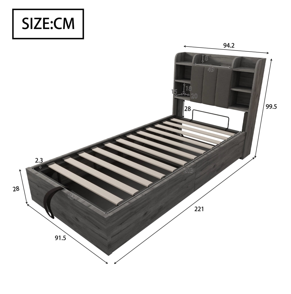 Letto singolo 90x200 cm con contenitore idraulico e prese USB