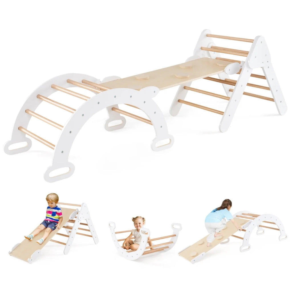 Triangolo di arrampicata 7 in 1 e set rampa multifunzionale 75 x 55 x 64 cm Sviluppo motorio creativo Legno bianco naturale 20_0009982