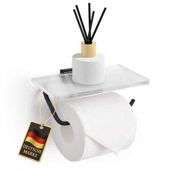 Supporto per carta igienica senza perforazione Nero, Autoadesivo e fissaggio a vite, Supporto per carta igienica con piastra, Supporto per carta igienica di lusso per la stanza da bagno 17x10 cm