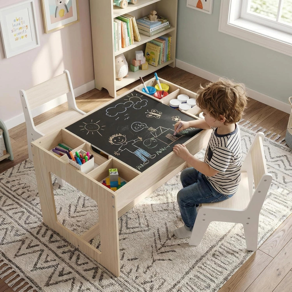 Set Tavolo Multifunzionale per Bambini e 2 Sedie, Tavolo e Sedie in Legno con Piano Doppio Rimovibile, Lavagna Nera & Lavagna Bianca, Compartimenti Laterali con Divisori Staccabili (Naturale)