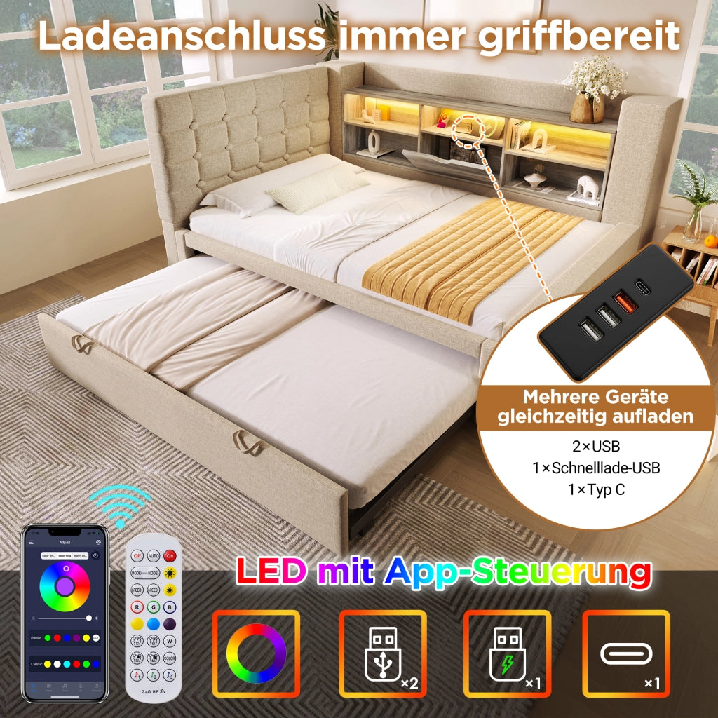 OKWISH Letto a Divano 90×200 cm, Letto Singolo con Letto Estraibile 90×190, LED Regolabile, USB e Tipo C, senza Materasso, Beige