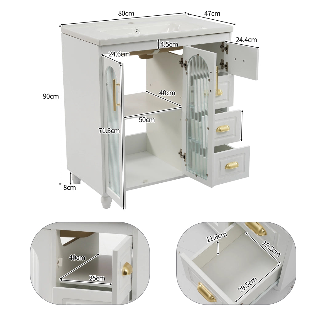 Mobile sottolavabo con 2 ante; 1 anta e 3 cassetti - per bagno - in MDF - bianco