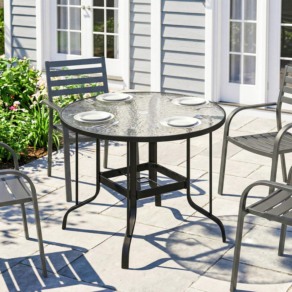 Tavolino da Giardino Rotondo con Foro per Ombrellone, in Metallo e Vetro Temperato, ?96.5x71 cm, Nero