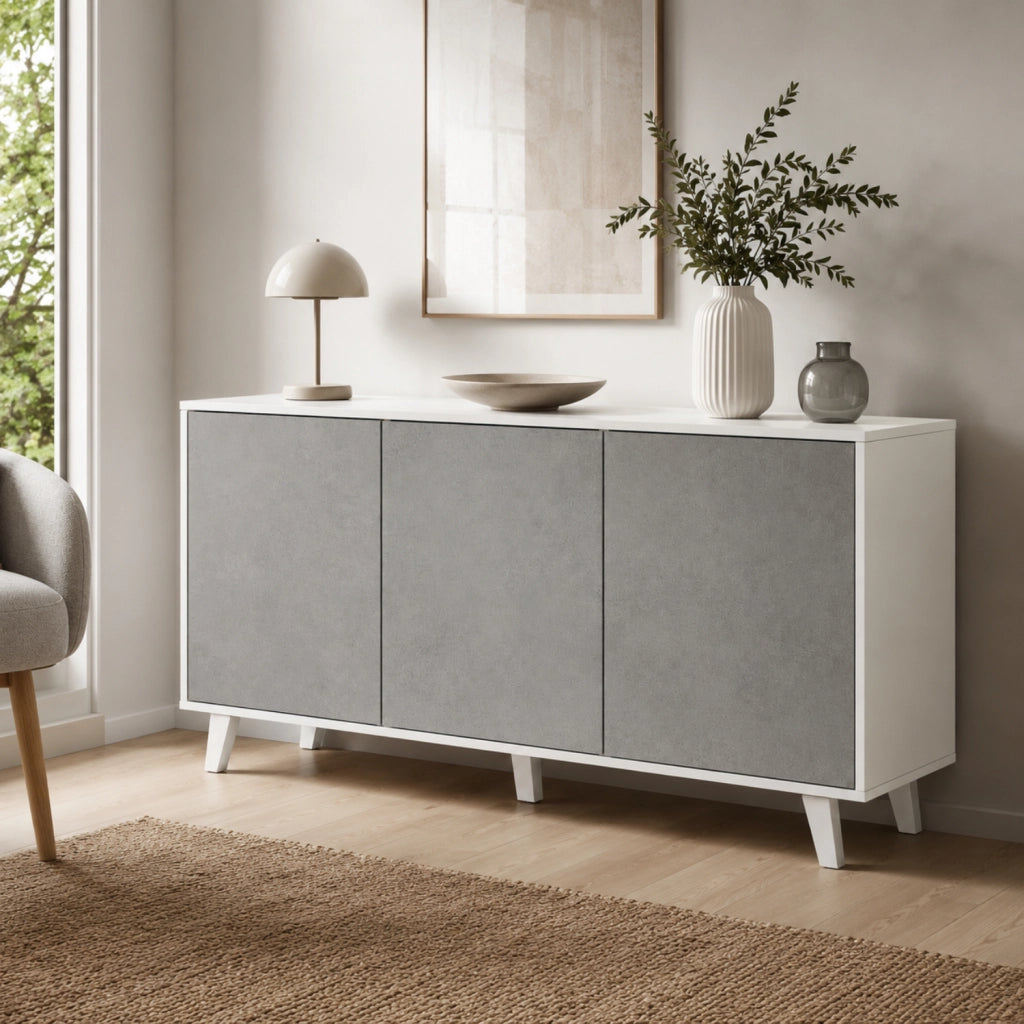 Credenza Gijòn Mobiletto Madia Con 3 Ante Battenti Senza Maniglie In Melaminico Per Soggiorno Salotto E Sala Da Pranzo 154 X 41 X 75 Cm Bianco E Grigio Cemento