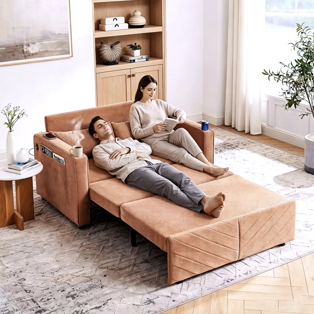 Divano letto 3 in 1 con sistema scorrevole e porte USB per soggiorno ufficio e ospiti in legno e tessuto arancione