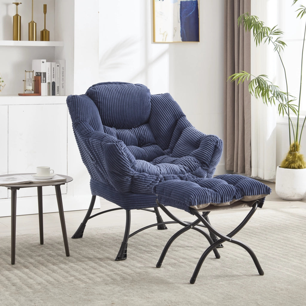 poltrona relax con pouf; tasca laterale e braccioli; in acciaio; blu navy