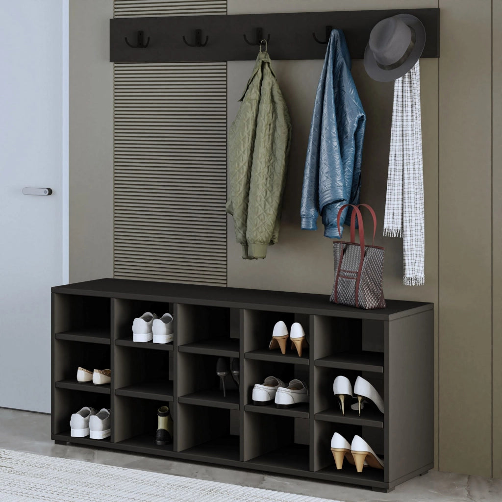 Scarpiera in legno "Talu" con appendiabiti - 120 x 30 x 52 cm - Grigio antracite