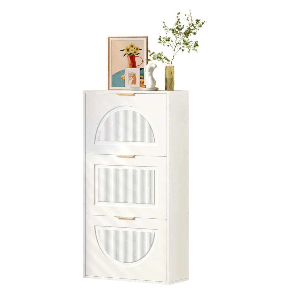 OKWISH Scarpiera con 3 Ribalte e Ripiani Regolabili, Design Moderno, per Ingresso, MDF, Bianco, 60×24×114 cm