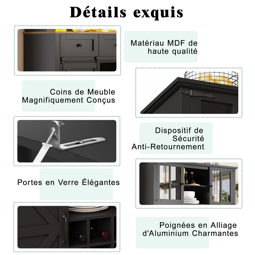 Credenza da Cucina Vetrina con 2 Ante Scorrevoli; 3 Ripiani Regolabili e LED per Cucina in MDF Nero 105x38;4x180 cm