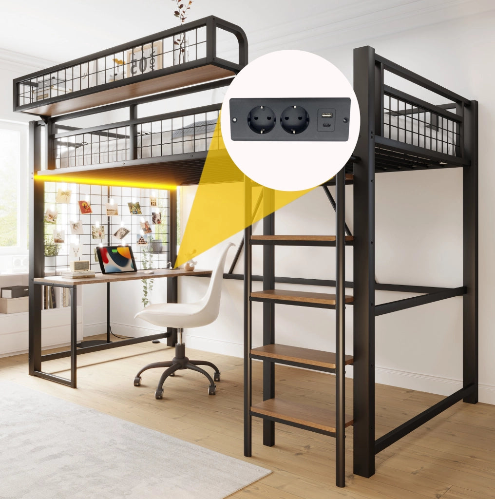 Letto a soppalco in metallo 90x200 cm con scrivania; LED; presa e scala; nero