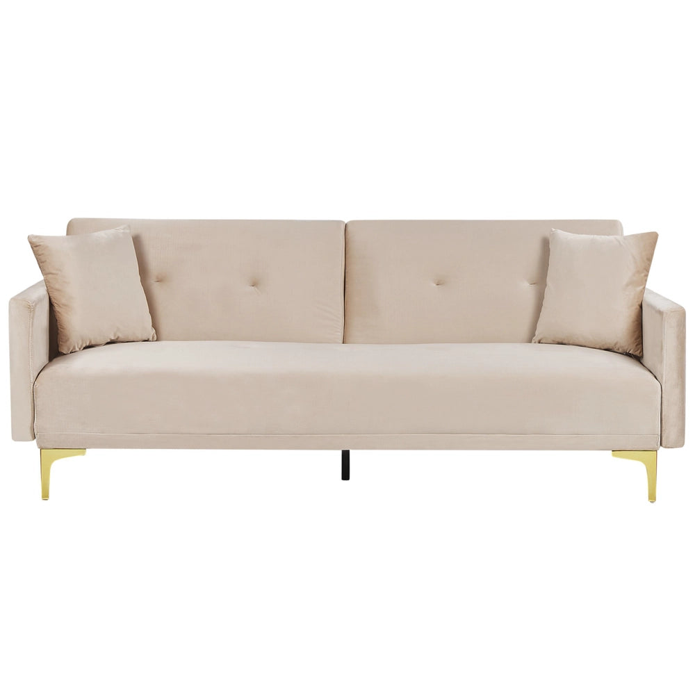 Moderno Divano Letto a 3 Posti Rivestito in Velluto Beige Piedini Cromati