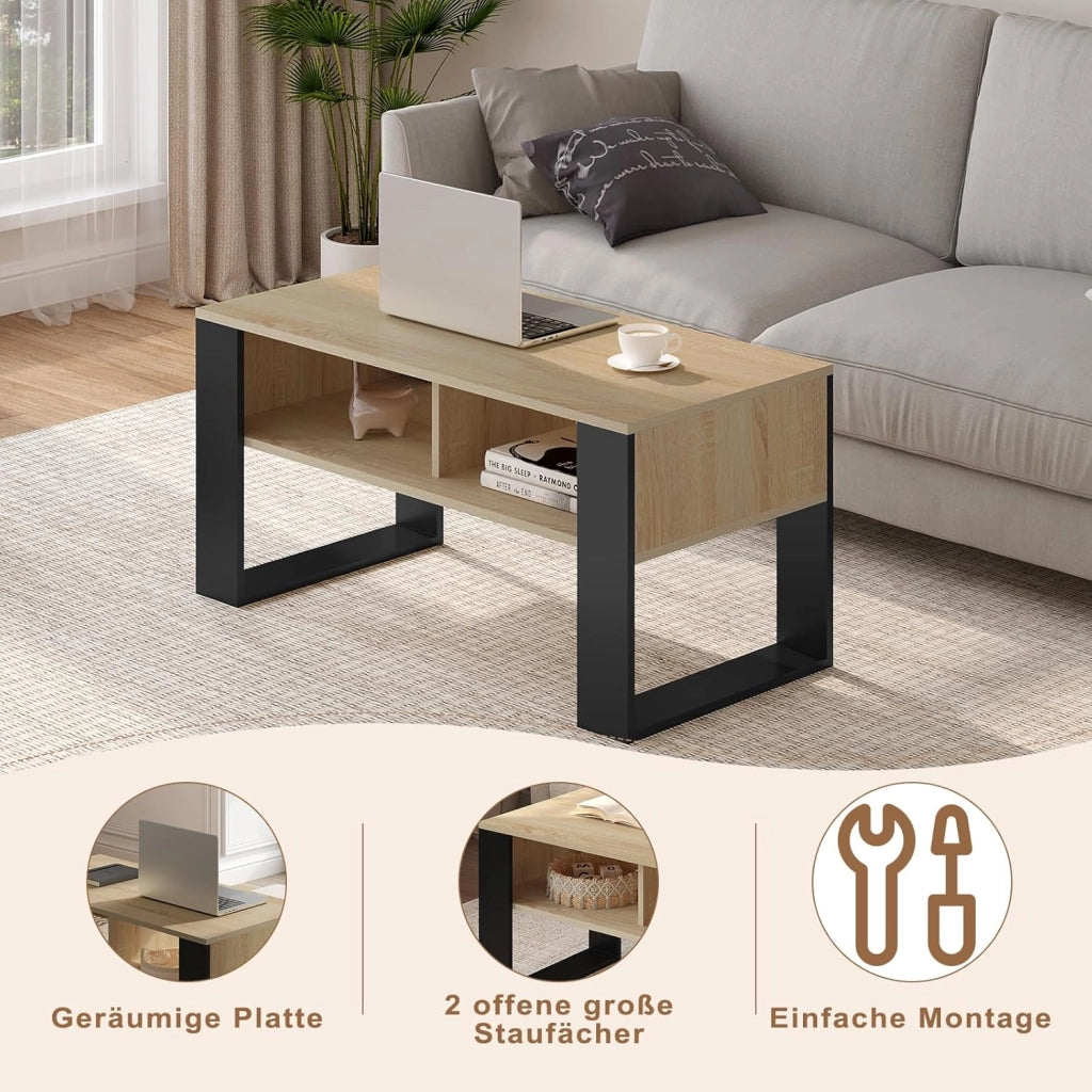 Tavolino da Salotto/Divano con 2 Scomparti Aperti, Tavolino Basso, Tavolo Laterale per Soggiorno, Camera da Letto, in Legno, Marrone Rustico + Nero, 90x45x45 cm, BTS16hov