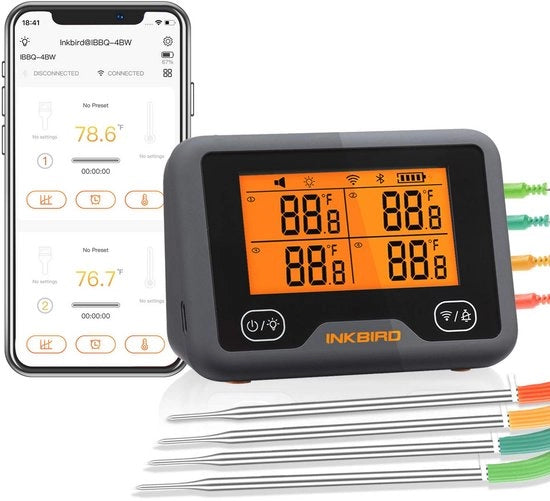 Termometro BBQ Sensoressibile a Batteria con Wi-Fi e Bluetooth - 4 Sonde per Griglia e Forno