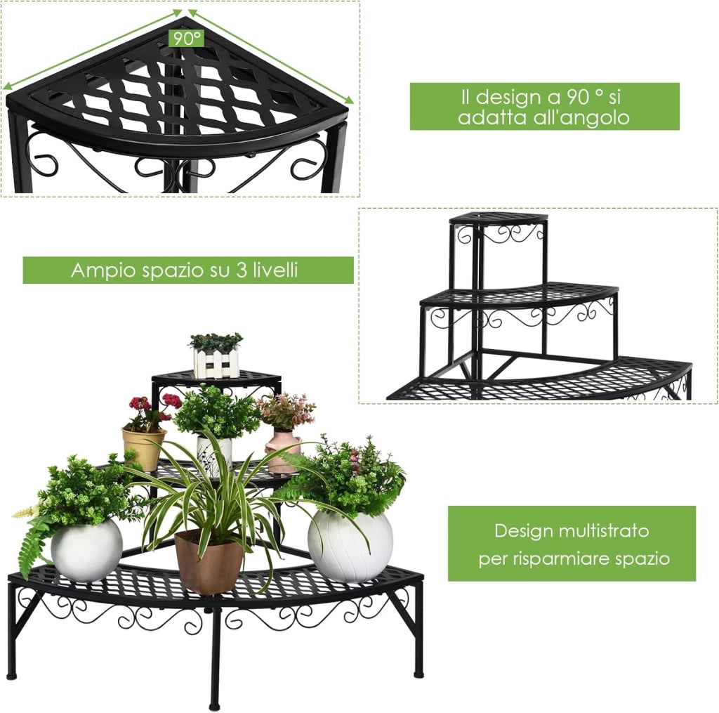 Scaffale Portafiori a 3 Ripiani, Porta Piante da Esterno e Interno a Scala, Scaffale Porta Vasi di Metallo per Balcone, Soggiorno e Giardino, 59 x 59 x 61 cm