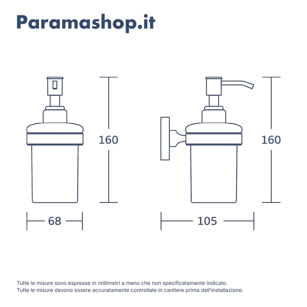 Dispenser sapone a muro in zinco cromato e bicchiere in vetro | Wash