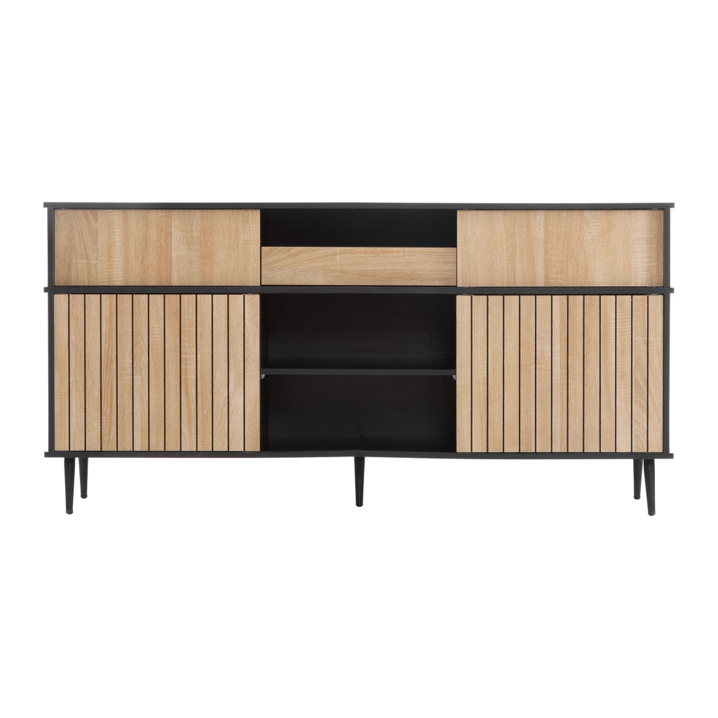 Credenza moderna con 4 ante scorrevoli e 1 cassetto, effetto quercia e nero, 160 x 40 x 80 cm