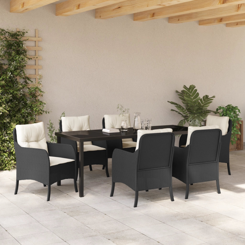 Set da pranzo da giardino con 7 pezzi con cuscini in rattan nero